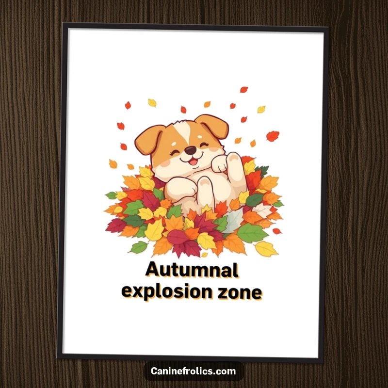 Funny poster art of a dog ecstatically rolling in a large pile of brightly colored autumn leaves, capturing the essence of pure fall happiness.
