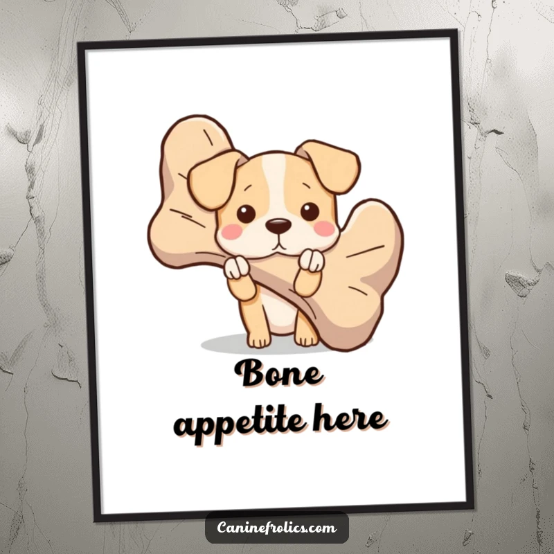 Funny dog poster depicting a character peeking from behind a giant, oversized bone, creating a humorous and curious visual for art lovers.