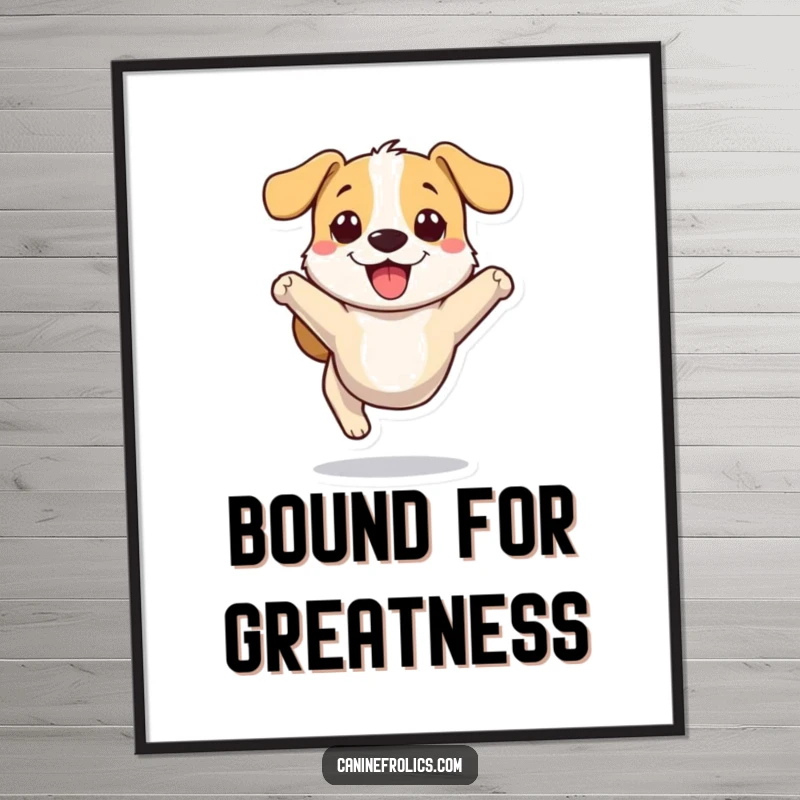 Funny dog poster of a stylized, small dog character captured in a moment of pure, joyful bounding, full of life.