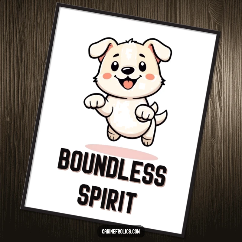 Funny poster featuring a simplified dog outline with energetic paws frozen in a thrilling mid-leap, exuding pure dynamism.