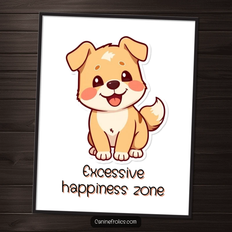 Funny Dog Poster: Close-up illustration of a dog character's tail wagging with extreme delight, conveying pure joy.