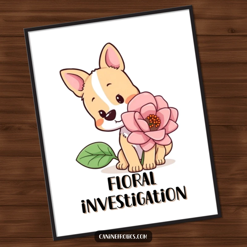 Funny poster art of a dog tilting its head in curiosity, sniffing a gigantic, beautiful flower, capturing a peaceful moment in nature.