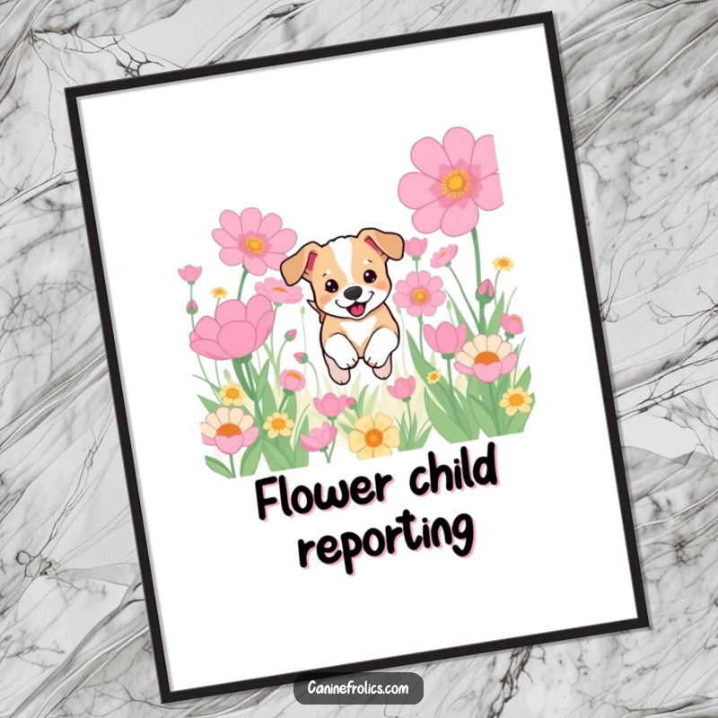 Funny poster depicting a small dog puppy bounding joyfully through a surreal landscape of oversized, colorful flowers, capturing boundless energy and happiness.