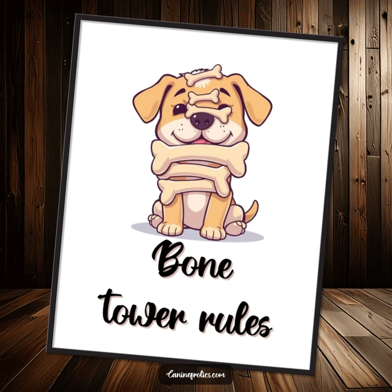 Funny poster art of a determined dog precariously balancing a stack of bones on its nose, capturing a humorous moment.