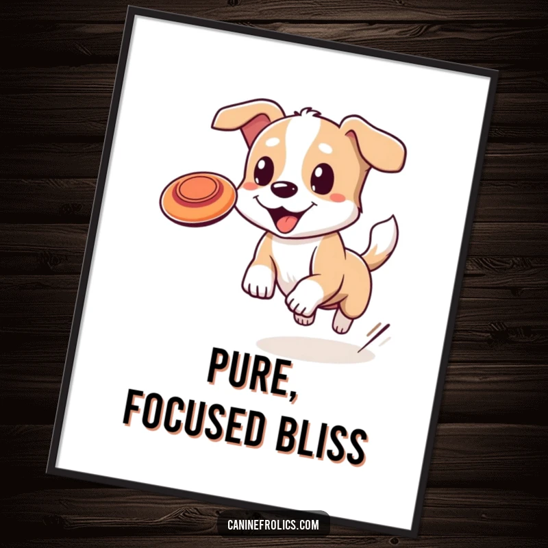 Funny dog poster capturing a dog's ecstatic mid-air leap for a frisbee, tail wagging furiously, embodying pure canine bliss.