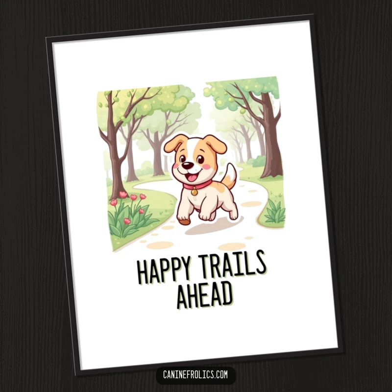 Funny poster featuring a happy dog character with a bouncy stride, cheerfully trotting along a park path, creating vibrant wall art.