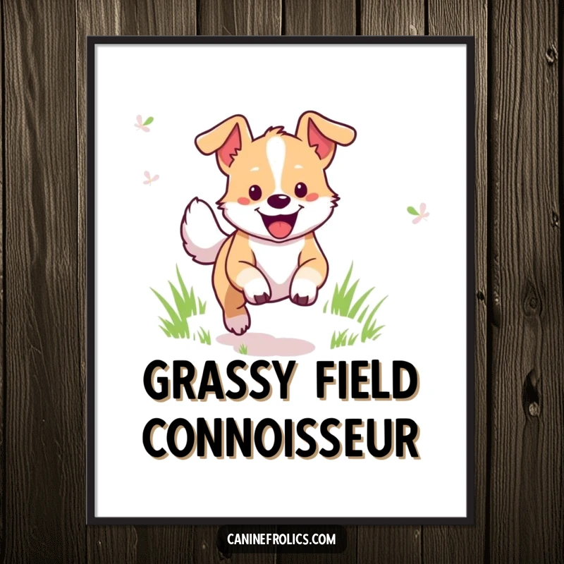 Funny Dog Poster: Cheerful dog character captured mid-leap in a sunny grassy field, radiating pure, boundless happiness.