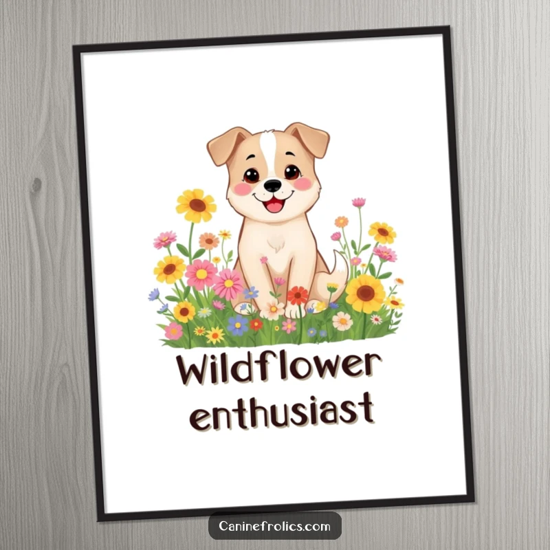 Funny Dog Poster: A smiling dog character sitting contentedly in a field bursting with colorful wildflowers, evoking tranquility.