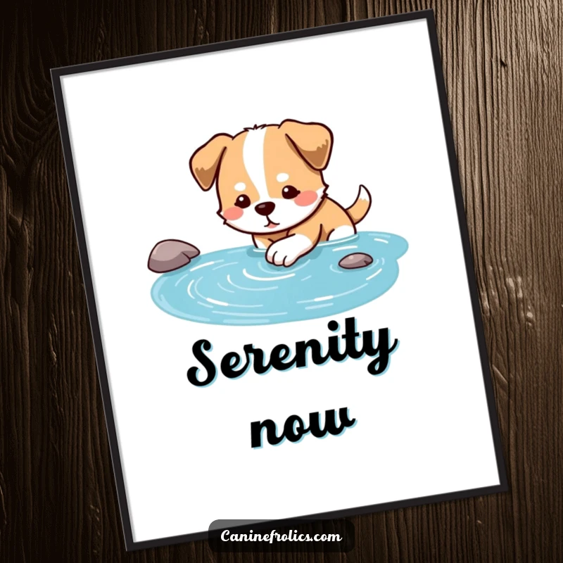 Funny dog poster depicting a dog gently dipping its paw into a clear blue stream, radiating peace.