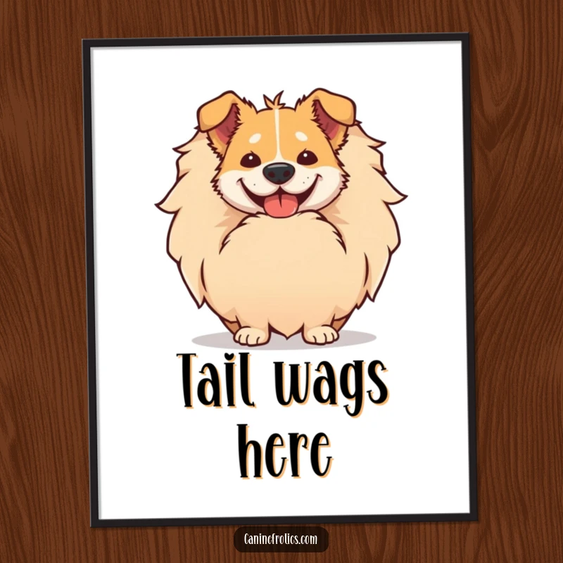 Funny poster art capturing a dog's comically large smile as it peeks from behind its giant, fluffy tail, full of mirth.
