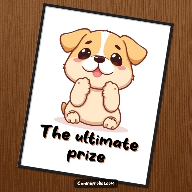 Funny dog poster depicting a dog with paws up, staring intently at a treat, capturing pure, unadulterated anticipation and desire.