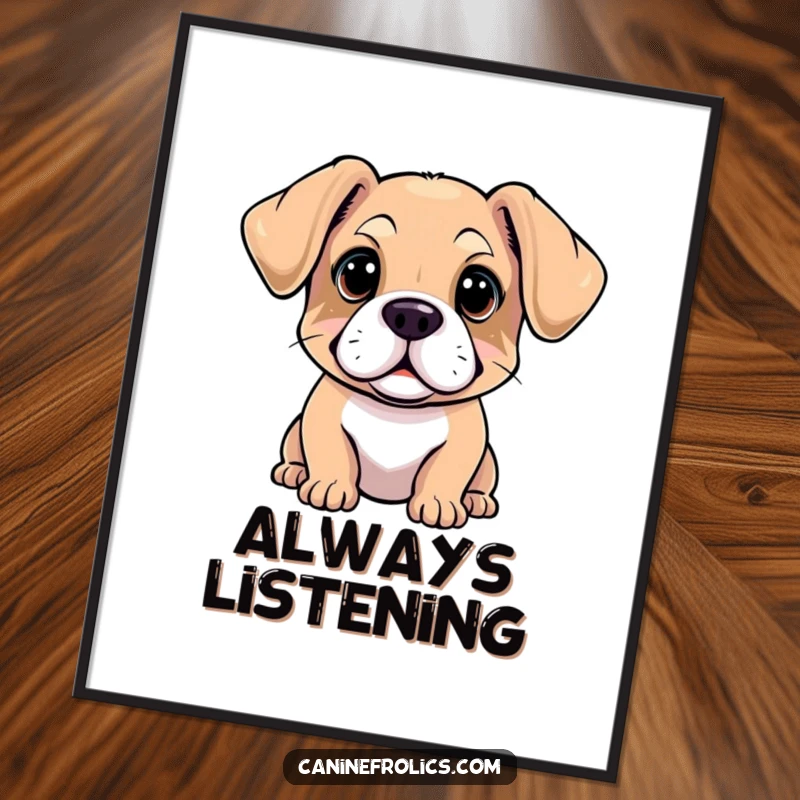 Funny poster featuring a dog with ears completely flopped forward, gazing intently, embodying a perfect moment of canine curiosity.