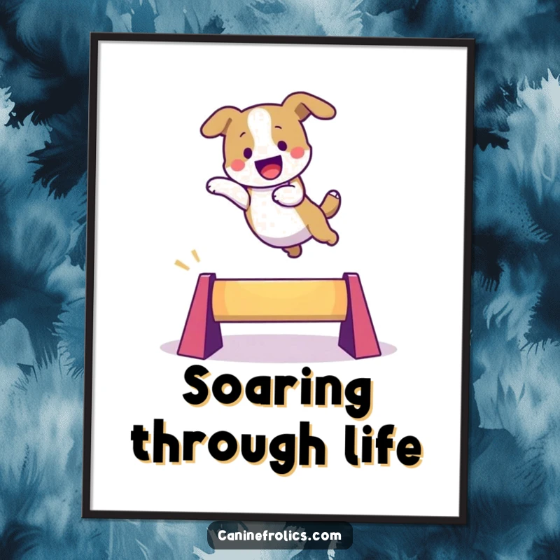Funny dog poster depicting an excited character soaring over a small, vibrant obstacle, capturing the essence of fun and athletic achievement.