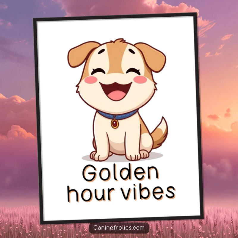 Funny Dog Poster: Happy dog panting with tongue lolling, enjoying a sunny outdoor day, perfect wall art.