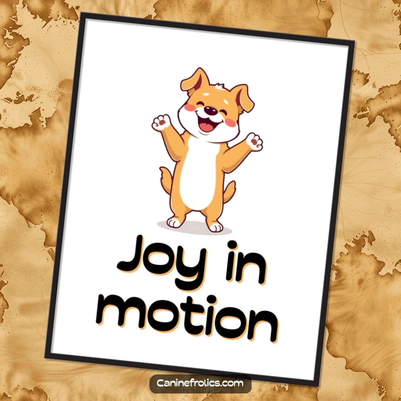 Funny Dog Poster: A dog energetically doing a happy dance on its hind legs, paws reaching skyward, conveying ultimate happiness and a sense of fun.