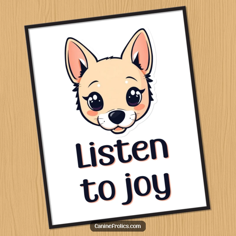 Funny poster print of a stylized dog head with wide, sparkling eyes and alert perky ears, creating a focal point of charm.