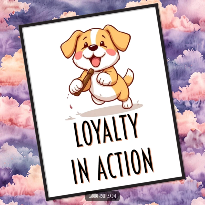 Funny dog poster illustrating a dog in mid-bound, tail wagging, successfully catching a flying stick.