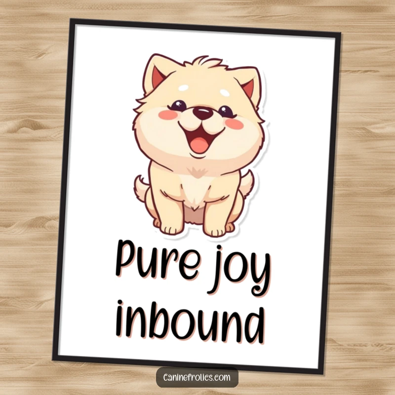 Funny fluffy dog poster showcasing a character with a wide, happy grin and a fast-wagging tail, bringing pure joy to any wall space.