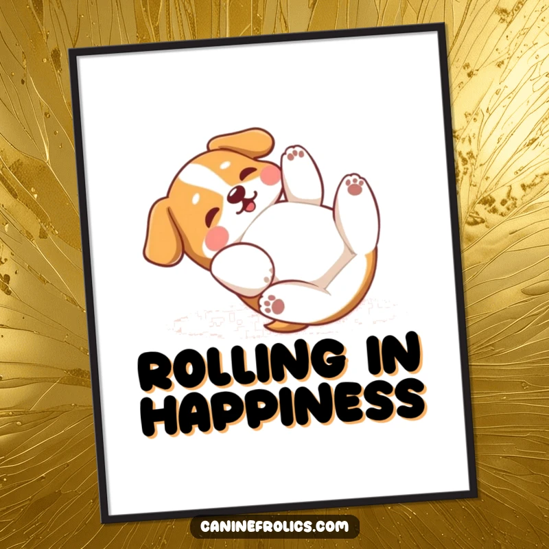 Funny Dog Poster: A dog joyfully rolling on its back, paws batting the air, radiating pure happiness and playful abandon for a humorous effect.
