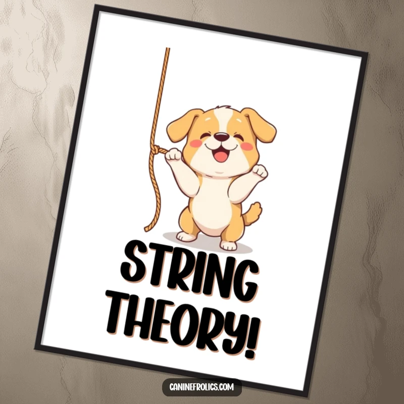 Funny Dog Poster, depicting a dog mid-action, playfully batting at a dangling rope, capturing the essence of playful energy.