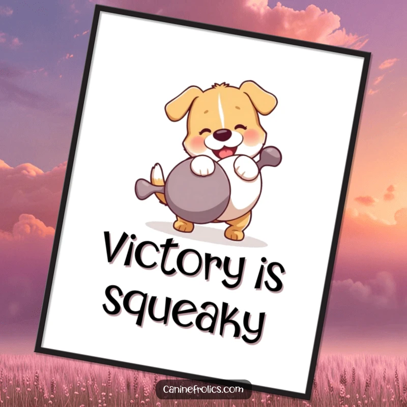 Funny Dog Poster: A dog locked in an intense yet comical wrestling match with a comically oversized squeaky toy, capturing a moment of pure, hilarious canine effort.