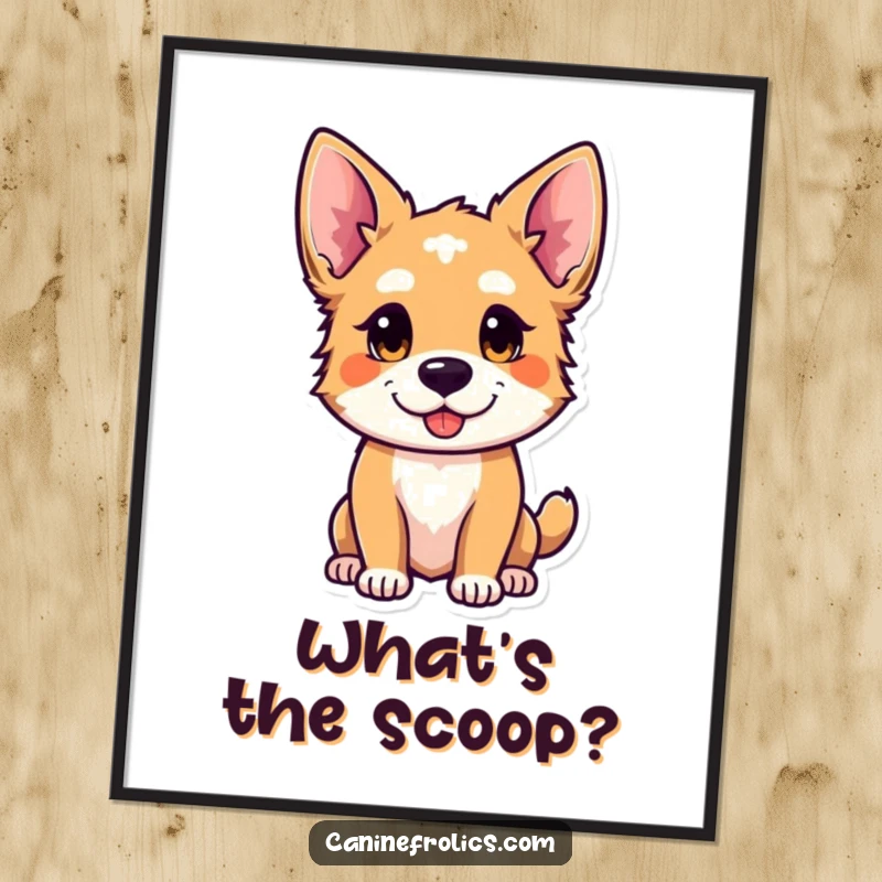 Funny poster featuring a curious canine with ears perked, looking playful and attentive, perfect for adding intrigue to wall decor.