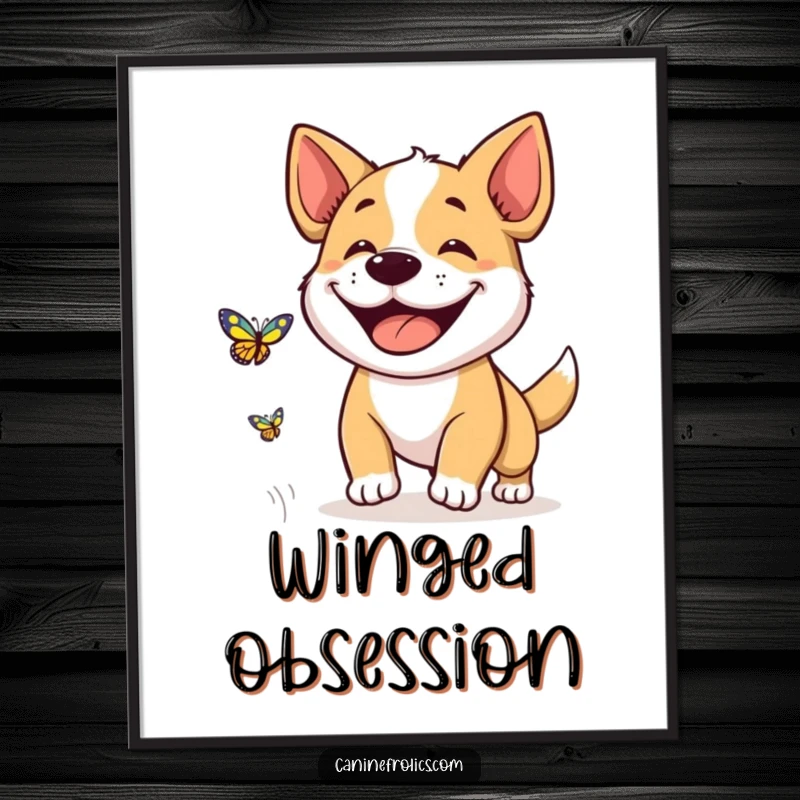 Funny poster art of a dog with an enormous, joyful grin, intensely focused on chasing a fluttering butterfly in a natural setting.