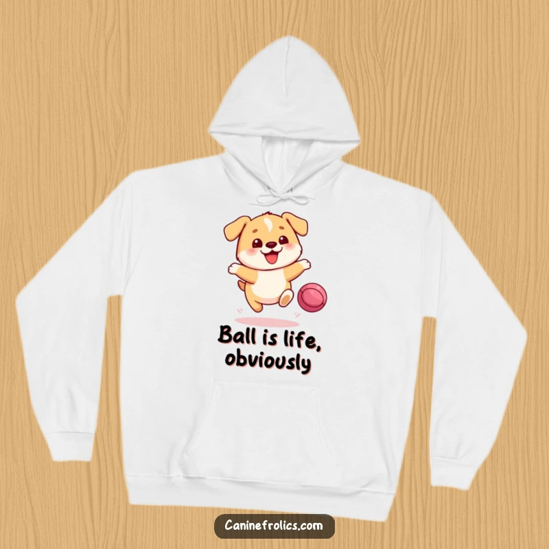 Funny Dog Hoodie: A round, happy dog character in mid-air, joyfully leaping towards a bouncing ball, symbolizing energetic playfulness and fun.