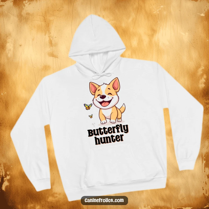 Funny hoodie illustration of a dog with a massive, happy grin, eyes locked on a butterfly it's playfully chasing outdoors.