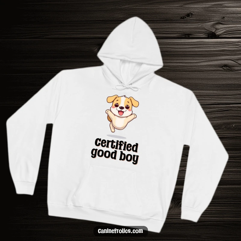 Funny dog hoodie showing a small, stylized dog character bounding with immense joy and a carefree attitude.