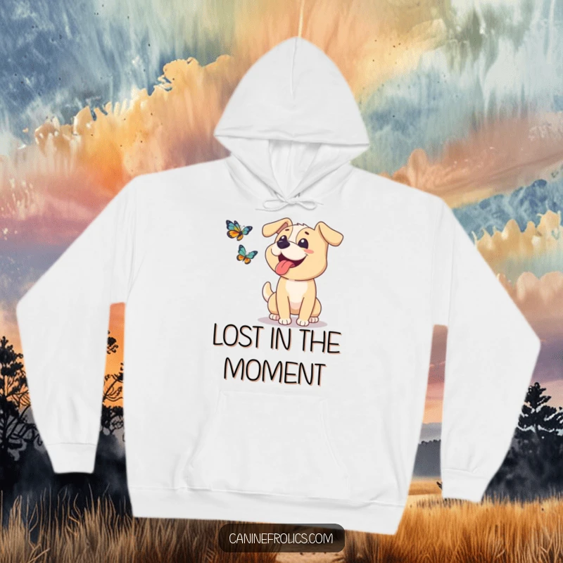 Funny dog hoodie featuring a content dog with its tongue out, happily pursuing a fluttering butterfly with boundless energy.