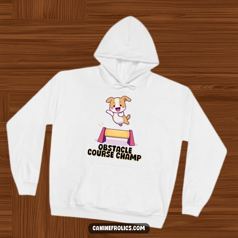 Funny dog hoodie showing an energetic character mid-leap over a colorful obstacle, conveying a sense of achievement and playful motion.