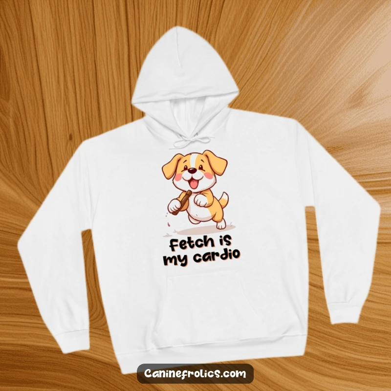 Funny dog hoodie illustration of a happy dog leaping high to fetch a stick, radiating joy and excitement.