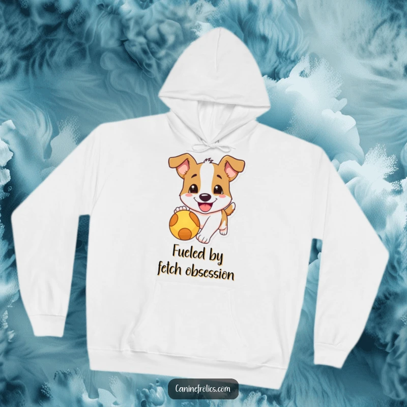 Funny dog hoodie depicting a dog with an enormous happy smile actively pursuing a red ball, showcasing energetic and humorous fun.