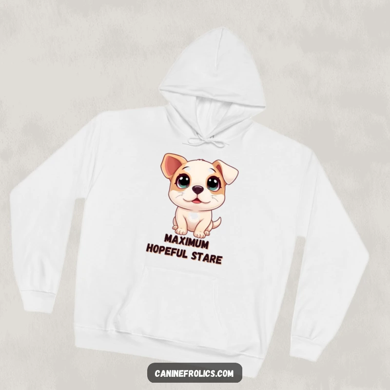 Funny hoodie showcasing a dog with massive, innocent eyes gazing upwards with boundless excitement and adoration.