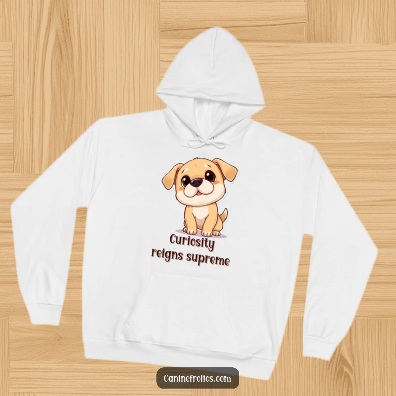 Funny hoodie depicting a playful dog tilting its head with an expression of pure curiosity, perfect for cozy contemplation.