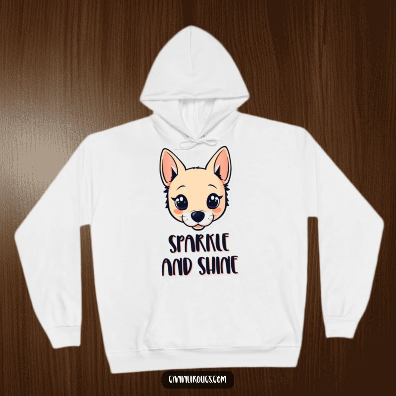 Funny hoodie displaying a stylized dog head characterized by wide, sparkling eyes and attentive perky ears, exuding warmth and appeal.