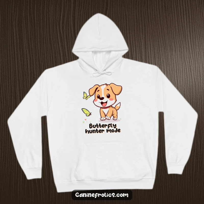 Funny Dog Hoodie: A dog character joyfully pursuing a fluttering butterfly, embodying playful summer vibes.