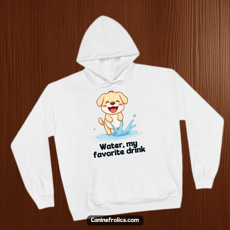 Funny Dog Hoodie: A happy dog pants with its mouth open, joyfully trying to catch a stream of water, symbolizing refreshing fun.