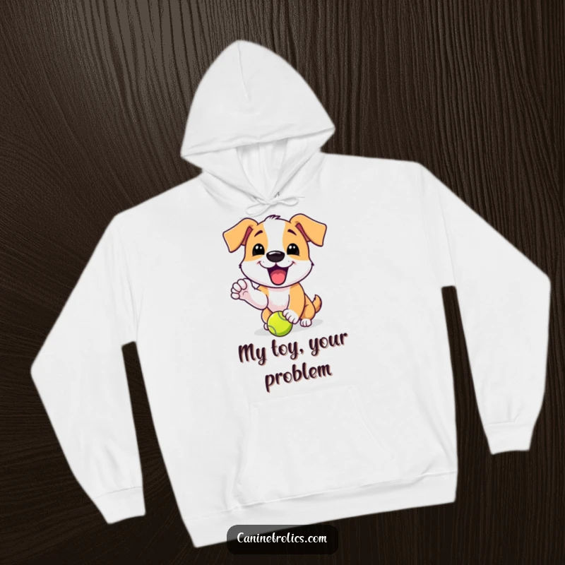 Funny hoodie with a dog character giving an excited yip while playfully nudging a tennis ball, full of playful spirit.