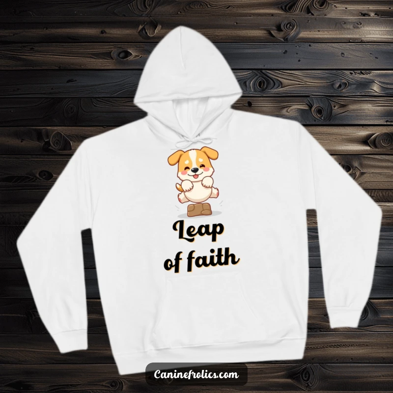 Funny hoodie depicting a dog in mid-air, leaping enthusiastically over an unseen obstacle with outstretched paws, full of playful energy.