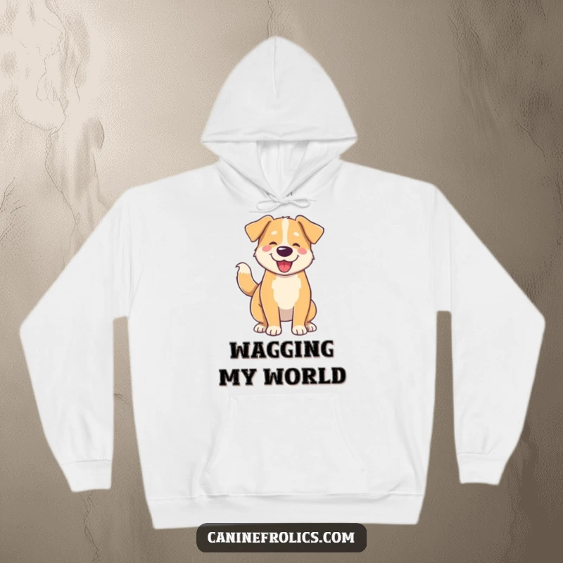 Funny hoodie with a depiction of a dog whose tail wagging causes its entire body to wiggle with pure excitement and happiness.