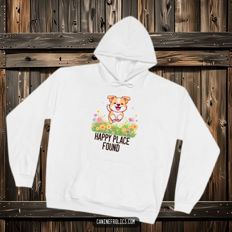 Funny dog hoodie showcasing a dog bounding ecstatically through a field of colorful flowers, embodying pure happiness and freedom.
