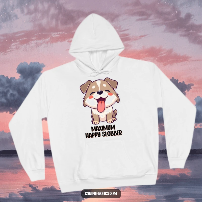 Funny hoodie depicting a dog with its tongue out, panting happily, perfect for expressing uncontainable joy and comfort.