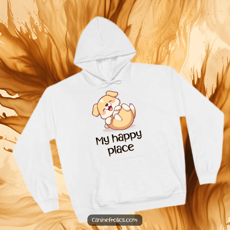 Funny hoodie depicting a dog blissfully rolling on its back, radiating pure happiness and playful contentment.