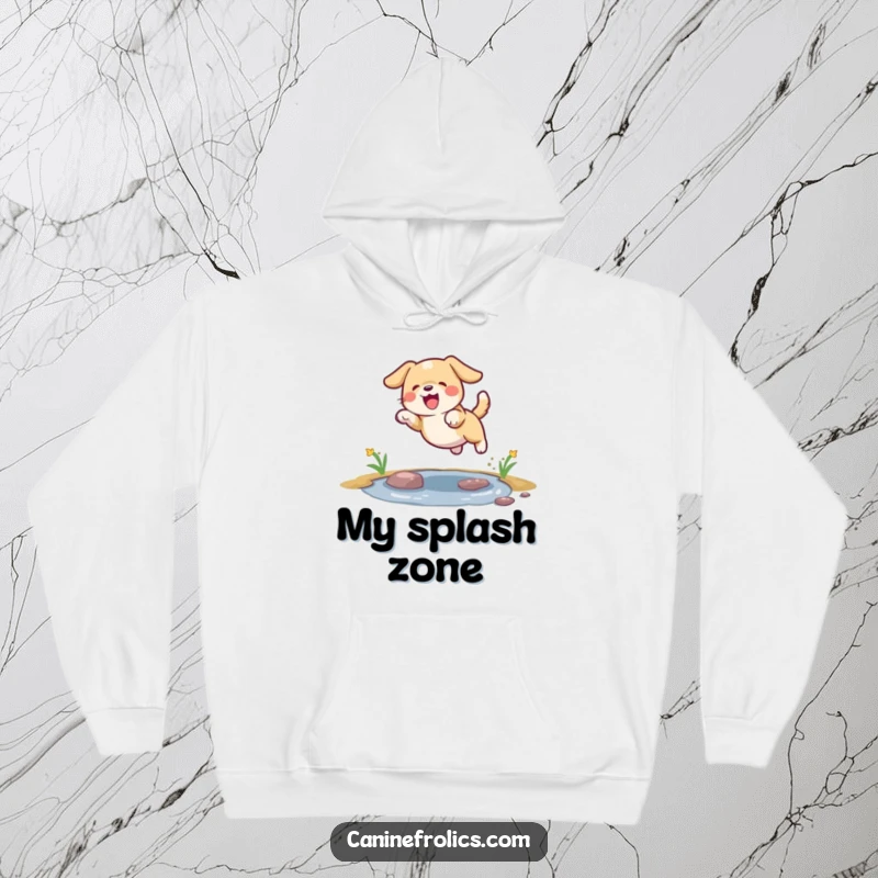 Funny dog hoodie illustration of a dog leaping with delight over a small puddle, full of glee.