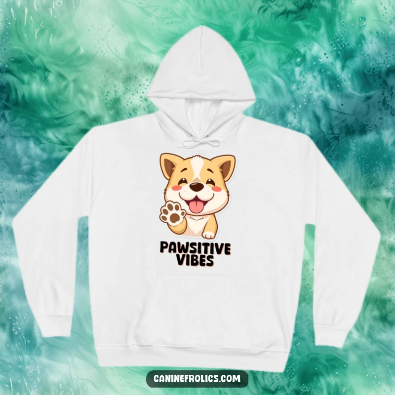 Funny Hoodie: A cheerful dog with a big smile extends its paw for a handshake. A warm and humorous clothing item.