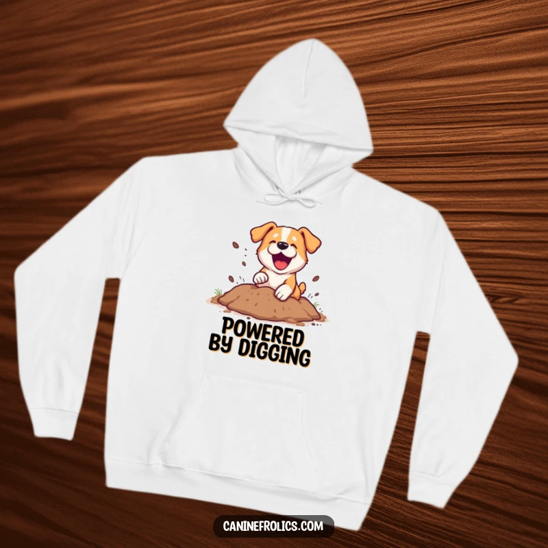 Funny Hoodie: A happy dog energetically digging a hole, with dirt playfully flying around its paws. A cozy and humorous item for dog fans.