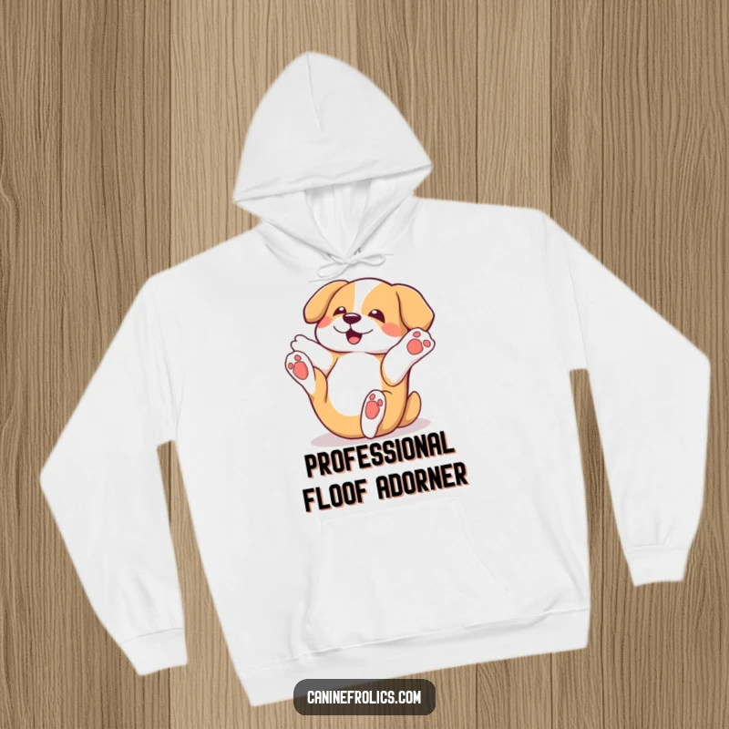 Funny dog hoodie depicting a character playfully rolling on its back with paws in the air, offering cozy comfort and a sense of pure delight.