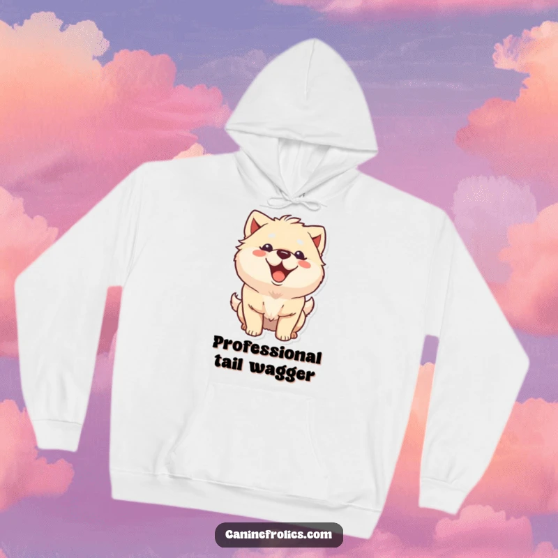 Funny fluffy dog hoodie depicting a cheerful character with a wide grin and a rapidly wagging tail, ideal for cozy, happy moments.
